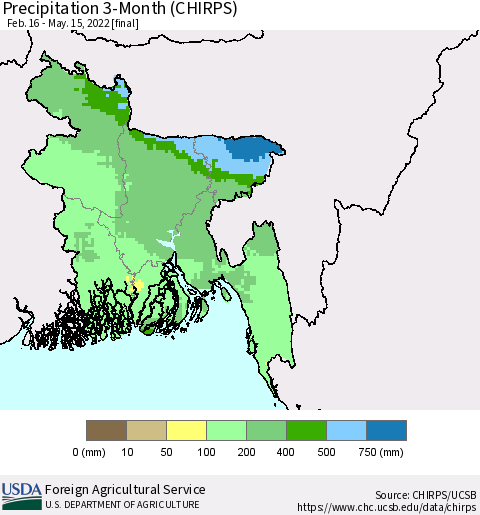 Bangladesh Precipitation 3-Month (CHIRPS) Thematic Map For 2/16/2022 - 5/15/2022