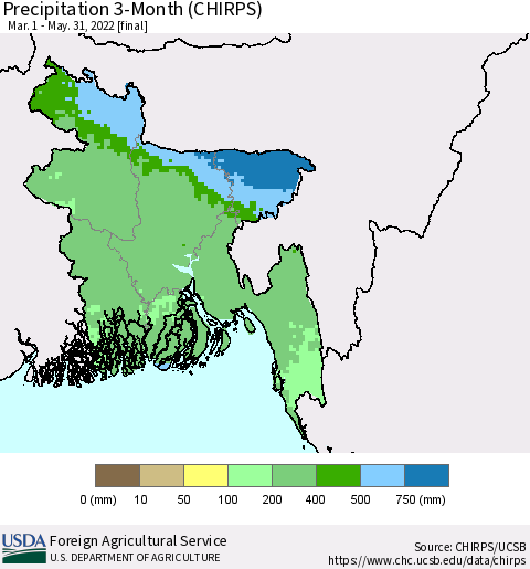 Bangladesh Precipitation 3-Month (CHIRPS) Thematic Map For 3/1/2022 - 5/31/2022