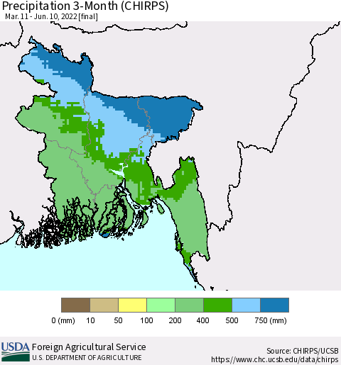 Bangladesh Precipitation 3-Month (CHIRPS) Thematic Map For 3/11/2022 - 6/10/2022