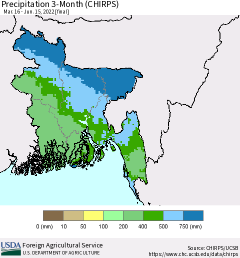 Bangladesh Precipitation 3-Month (CHIRPS) Thematic Map For 3/16/2022 - 6/15/2022