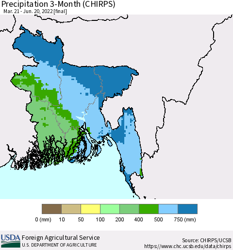 Bangladesh Precipitation 3-Month (CHIRPS) Thematic Map For 3/21/2022 - 6/20/2022