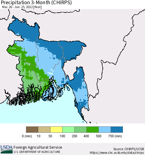 Bangladesh Precipitation 3-Month (CHIRPS) Thematic Map For 3/26/2022 - 6/25/2022