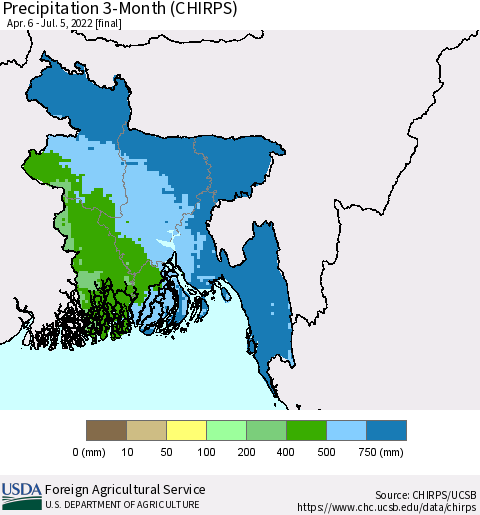 Bangladesh Precipitation 3-Month (CHIRPS) Thematic Map For 4/6/2022 - 7/5/2022