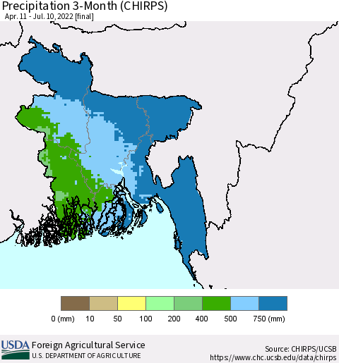 Bangladesh Precipitation 3-Month (CHIRPS) Thematic Map For 4/11/2022 - 7/10/2022