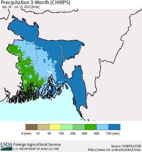 Bangladesh Precipitation 3-Month (CHIRPS) Thematic Map For 4/16/2022 - 7/15/2022