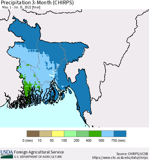 Bangladesh Precipitation 3-Month (CHIRPS) Thematic Map For 5/1/2022 - 7/31/2022