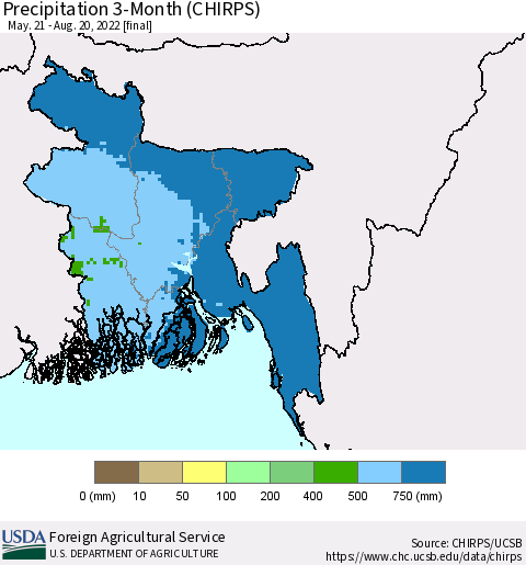 Bangladesh Precipitation 3-Month (CHIRPS) Thematic Map For 5/21/2022 - 8/20/2022