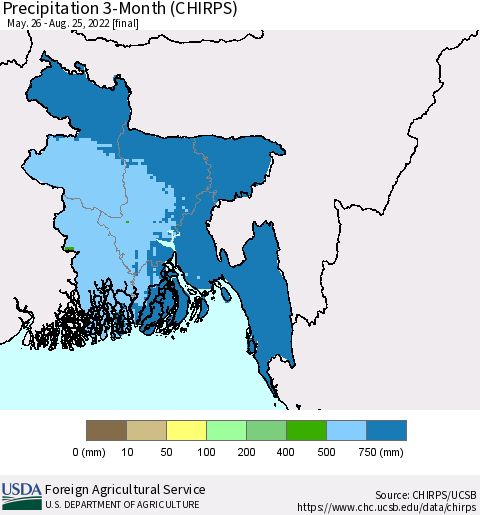 Bangladesh Precipitation 3-Month (CHIRPS) Thematic Map For 5/26/2022 - 8/25/2022