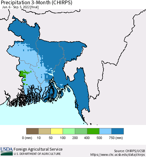 Bangladesh Precipitation 3-Month (CHIRPS) Thematic Map For 6/6/2022 - 9/5/2022
