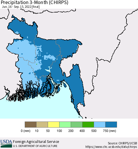 Bangladesh Precipitation 3-Month (CHIRPS) Thematic Map For 6/16/2022 - 9/15/2022