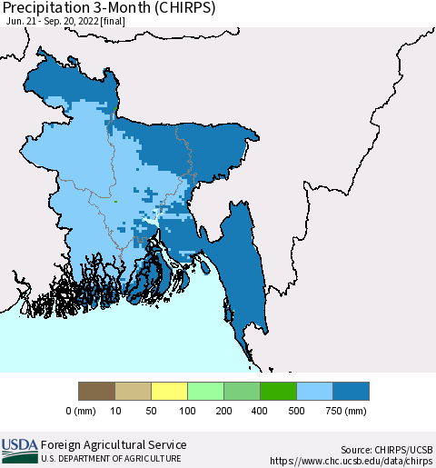 Bangladesh Precipitation 3-Month (CHIRPS) Thematic Map For 6/21/2022 - 9/20/2022