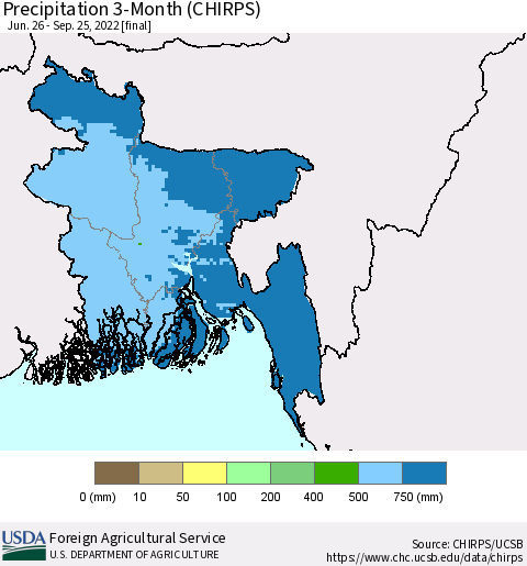 Bangladesh Precipitation 3-Month (CHIRPS) Thematic Map For 6/26/2022 - 9/25/2022