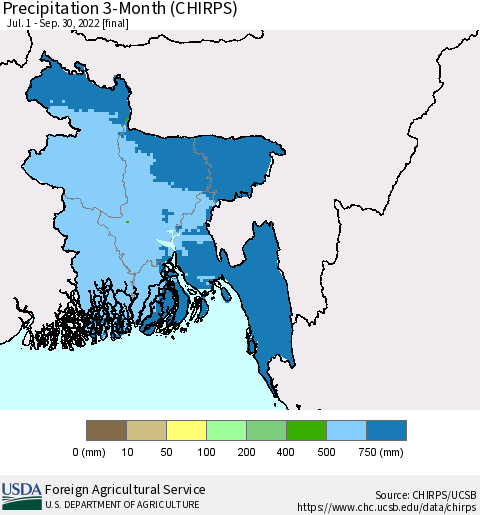 Bangladesh Precipitation 3-Month (CHIRPS) Thematic Map For 7/1/2022 - 9/30/2022