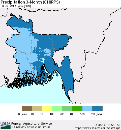 Bangladesh Precipitation 3-Month (CHIRPS) Thematic Map For 7/6/2022 - 10/5/2022