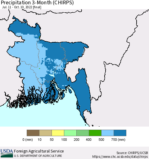 Bangladesh Precipitation 3-Month (CHIRPS) Thematic Map For 7/11/2022 - 10/10/2022