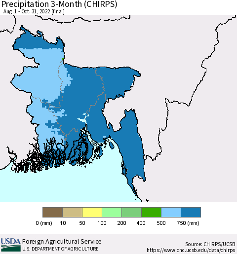 Bangladesh Precipitation 3-Month (CHIRPS) Thematic Map For 8/1/2022 - 10/31/2022