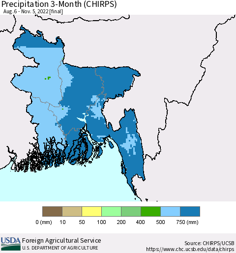 Bangladesh Precipitation 3-Month (CHIRPS) Thematic Map For 8/6/2022 - 11/5/2022