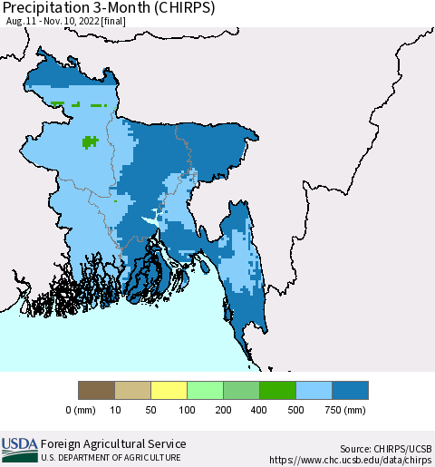 Bangladesh Precipitation 3-Month (CHIRPS) Thematic Map For 8/11/2022 - 11/10/2022