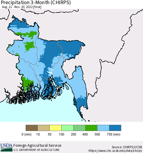 Bangladesh Precipitation 3-Month (CHIRPS) Thematic Map For 8/21/2022 - 11/20/2022