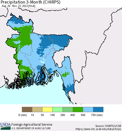 Bangladesh Precipitation 3-Month (CHIRPS) Thematic Map For 8/26/2022 - 11/25/2022