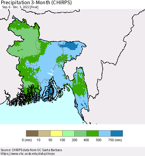 Bangladesh Precipitation 3-Month (CHIRPS) Thematic Map For 9/6/2022 - 12/5/2022