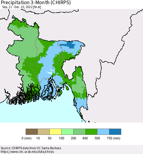 Bangladesh Precipitation 3-Month (CHIRPS) Thematic Map For 9/11/2022 - 12/10/2022