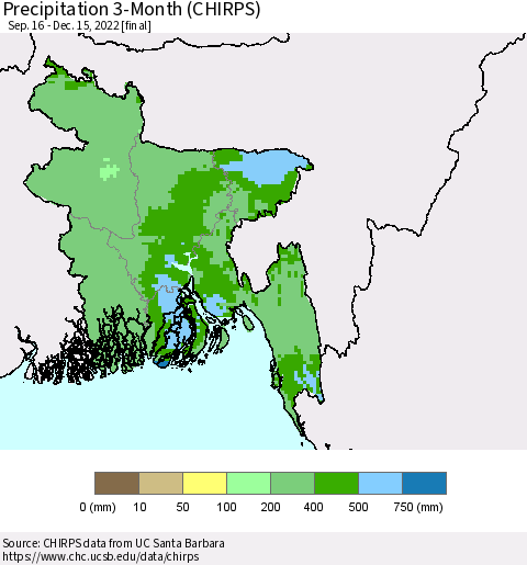 Bangladesh Precipitation 3-Month (CHIRPS) Thematic Map For 9/16/2022 - 12/15/2022