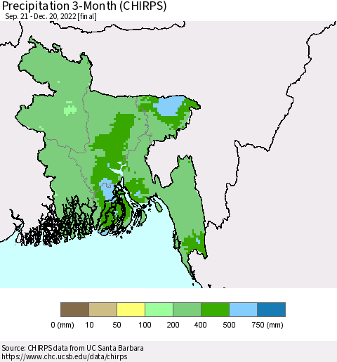 Bangladesh Precipitation 3-Month (CHIRPS) Thematic Map For 9/21/2022 - 12/20/2022