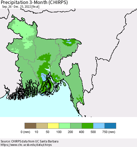 Bangladesh Precipitation 3-Month (CHIRPS) Thematic Map For 9/26/2022 - 12/25/2022