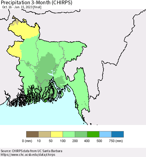 Bangladesh Precipitation 3-Month (CHIRPS) Thematic Map For 10/16/2022 - 1/15/2023