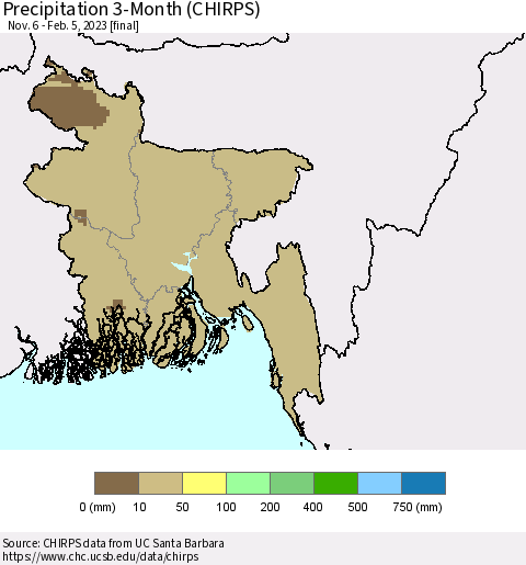 Bangladesh Precipitation 3-Month (CHIRPS) Thematic Map For 11/6/2022 - 2/5/2023