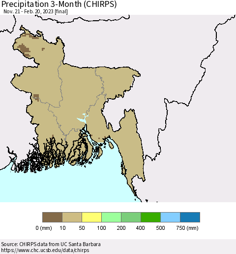 Bangladesh Precipitation 3-Month (CHIRPS) Thematic Map For 11/21/2022 - 2/20/2023