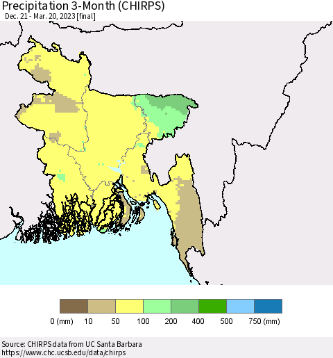 Bangladesh Precipitation 3-Month (CHIRPS) Thematic Map For 12/21/2022 - 3/20/2023
