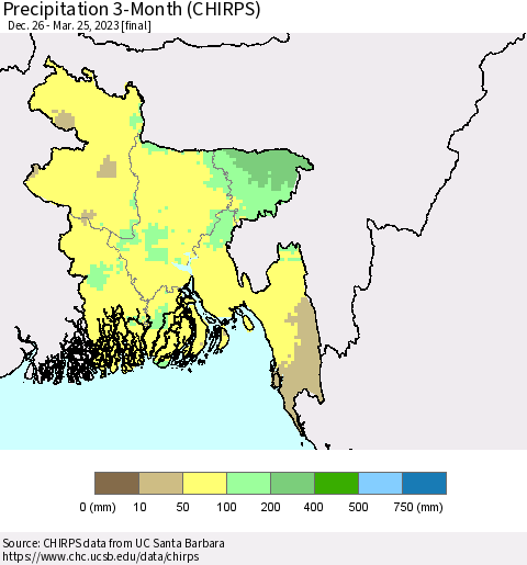 Bangladesh Precipitation 3-Month (CHIRPS) Thematic Map For 12/26/2022 - 3/25/2023