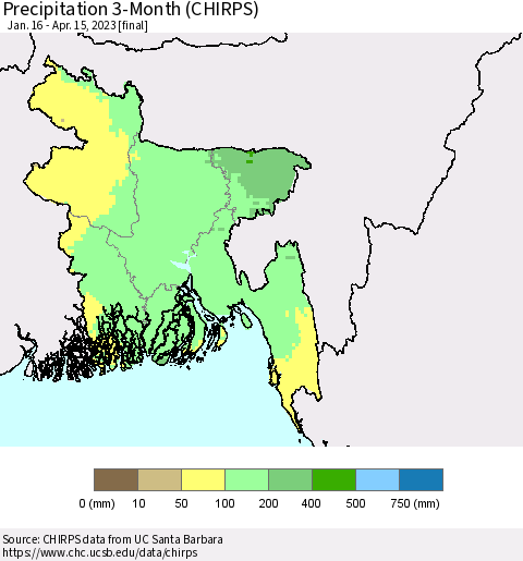 Bangladesh Precipitation 3-Month (CHIRPS) Thematic Map For 1/16/2023 - 4/15/2023