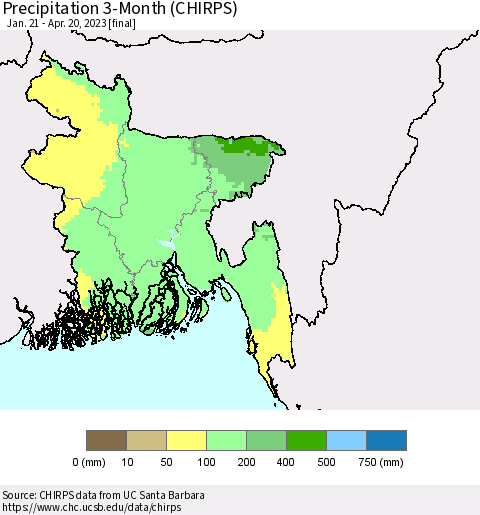 Bangladesh Precipitation 3-Month (CHIRPS) Thematic Map For 1/21/2023 - 4/20/2023