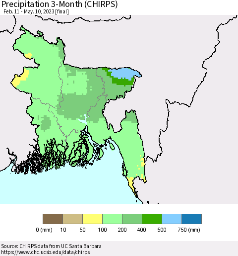 Bangladesh Precipitation 3-Month (CHIRPS) Thematic Map For 2/11/2023 - 5/10/2023