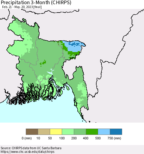 Bangladesh Precipitation 3-Month (CHIRPS) Thematic Map For 2/21/2023 - 5/20/2023