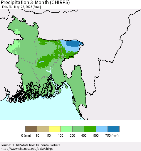 Bangladesh Precipitation 3-Month (CHIRPS) Thematic Map For 2/26/2023 - 5/25/2023
