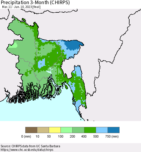 Bangladesh Precipitation 3-Month (CHIRPS) Thematic Map For 3/11/2023 - 6/10/2023
