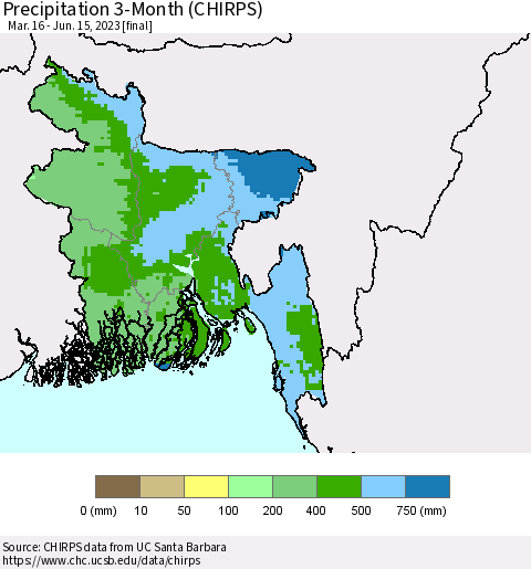 Bangladesh Precipitation 3-Month (CHIRPS) Thematic Map For 3/16/2023 - 6/15/2023