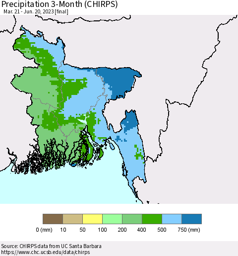Bangladesh Precipitation 3-Month (CHIRPS) Thematic Map For 3/21/2023 - 6/20/2023