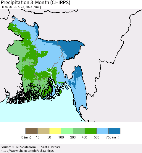 Bangladesh Precipitation 3-Month (CHIRPS) Thematic Map For 3/26/2023 - 6/25/2023