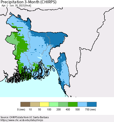 Bangladesh Precipitation 3-Month (CHIRPS) Thematic Map For 4/1/2023 - 6/30/2023