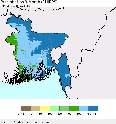 Bangladesh Precipitation 3-Month (CHIRPS) Thematic Map For 4/16/2023 - 7/15/2023