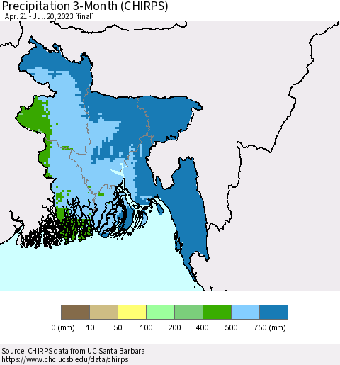 Bangladesh Precipitation 3-Month (CHIRPS) Thematic Map For 4/21/2023 - 7/20/2023