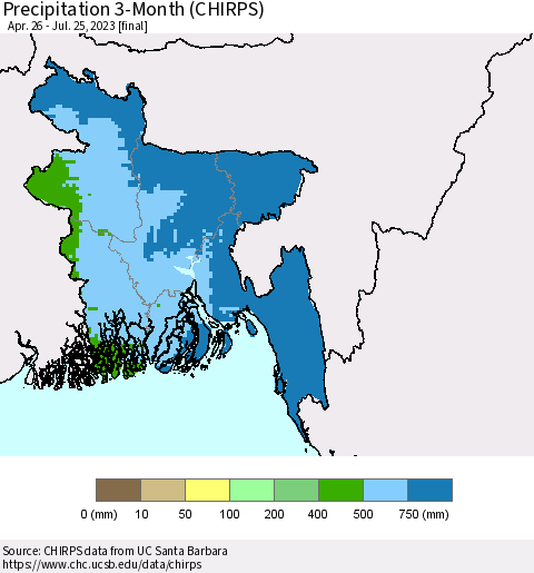 Bangladesh Precipitation 3-Month (CHIRPS) Thematic Map For 4/26/2023 - 7/25/2023