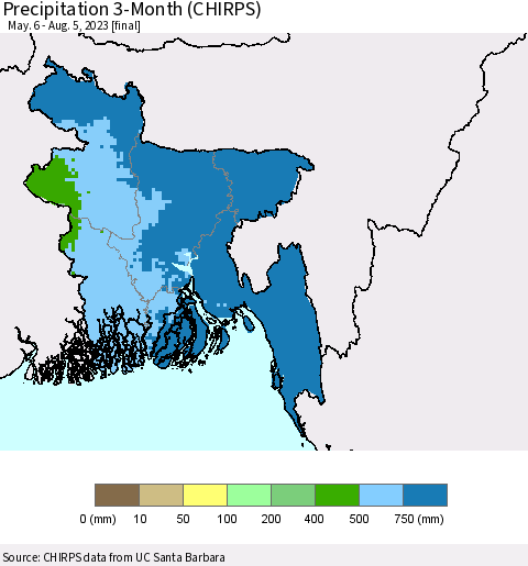 Bangladesh Precipitation 3-Month (CHIRPS) Thematic Map For 5/6/2023 - 8/5/2023