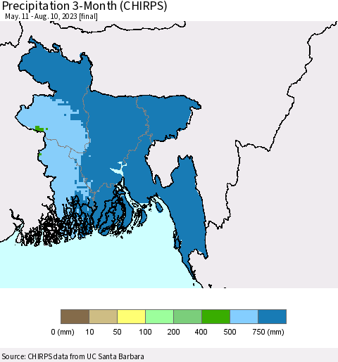 Bangladesh Precipitation 3-Month (CHIRPS) Thematic Map For 5/11/2023 - 8/10/2023