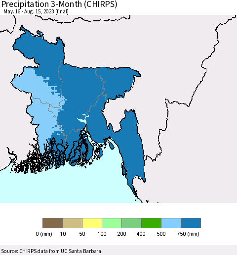 Bangladesh Precipitation 3-Month (CHIRPS) Thematic Map For 5/16/2023 - 8/15/2023
